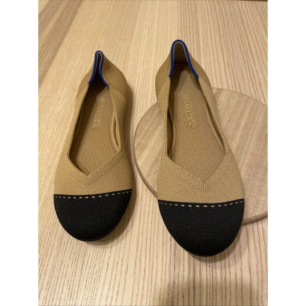 Rothy's The Flat Womens Size 8 Camel Black Cap Toe Ballet Flats Knit Shoes